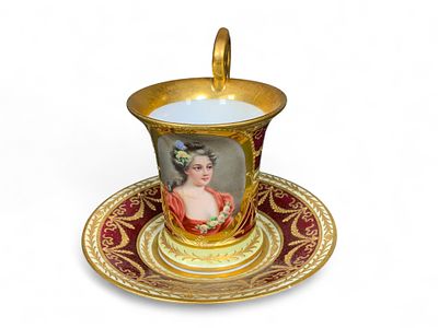 Ornate Hand-Painted Porcelain Teacup and Saucer Set, Gilt Accents, Portrait Medallion, Red and Gold