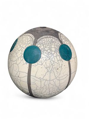 Signed Artisan Ceramic Raku Orb Vase - Spherical Design, Crackle Glaze, Geometric Pattern. This 
