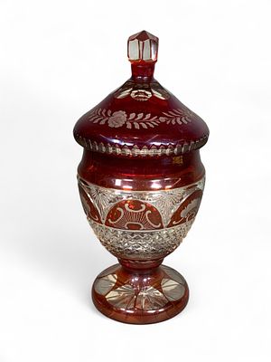 Ruby Red Cut-to-Clear Glass Lidded Urn - Ornate Floral Etched Design, Pedestal Base. This is a 