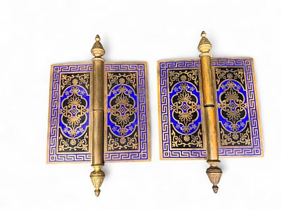 Ornate Antique Brass Enamel Door Hinges - Pair, Blue & Black Greek Key & Foliate Design. This 