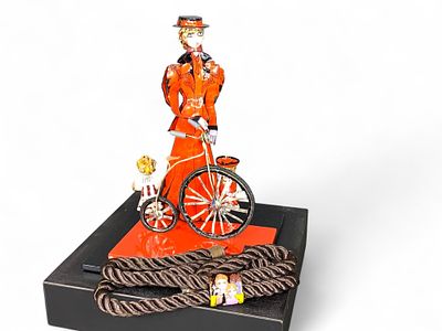 Markus Woman on Penny-Farthing Bicycle Figurine, Enamel Handcrafted, Vintage 1981, Painted Metal,