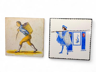 Hand-Painted Decorative Ceramic Tiles - Man with Basket, Standard Bearer, Multi-Color. This is a 