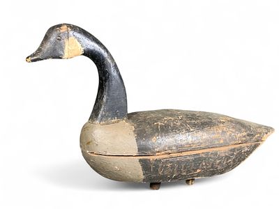 Vintage Wooden Goose Decoy - Hand-Carved, Folk Art, Black and Grey. This item is an antique 