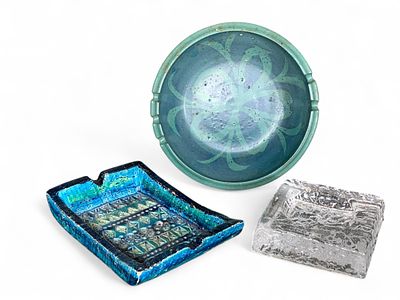 Assorted Mid-Century Modern Style Ashtrays - Ceramic and Glass, Blue, Green, Clear. This lot 