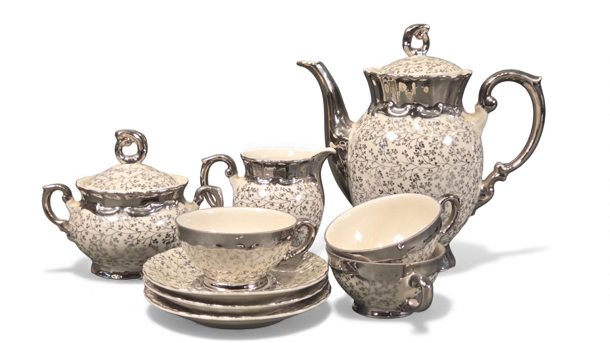 Lot 34046 - Bavaria Schirnding White Silver Floral Nine-Piece Tea