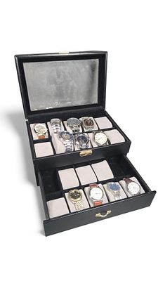 A Black-Finished Two-Tier Watch Storage Box with a Collection of Fifteen Contemporary Wristwatches. 