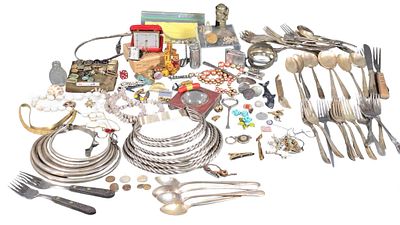 A Diverse Estate Lot of Silver and Silverplate Flatware, Assorted Jewelry, and Travel Timepieces. 