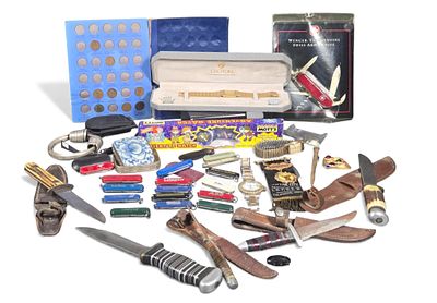 A Collection of Pocket Knives, Fixed Blades, Watches, and Assorted Collectibles. A diverse 