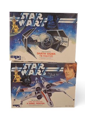 Two MPC Star Wars: A New Hope Model Kits, 1977, featuring Darth Vader TIE Fighter and Luke 