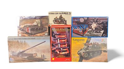 A Collection of Six Unbuilt Plastic Model Kits, including a Bandai 1/48 Scale German Sidecar 