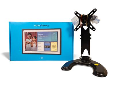 An Amazon Echo Show 15 Full HD 15.6" Smart Display with Alexa and a VESA-Compatible Desktop Stand. 