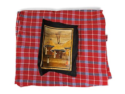 A Maasai Shuka Blanket from Tanzania and an African Bark Painting. A Maasai Shuka Blanket 