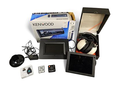 A Group of Kenwood KDC-BT955HD CD-Receiver, Pioneer SE-50 Headphones, and Other Electronics. A 
