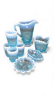A Collection of Fenton Blue Opalescent Hobnail Glassware. A collection of Fenton Blue Opalescent 