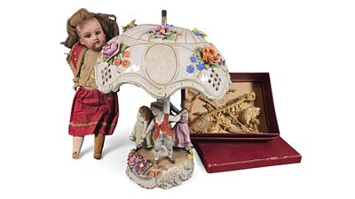 A Dresden Porcelain Figural Table Lamp, an Armand Marseille Bisque Head Doll, and a Boxed 