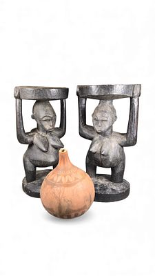 A Pair of Yoruba Carved Wood Offering Bowl Supports and a Decorated Gourd Vessel. A pair of 