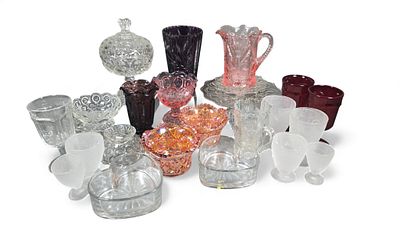 A Collection of Pressed and Frosted Glass Tableware and Decorative Items, Including 'Moon & 