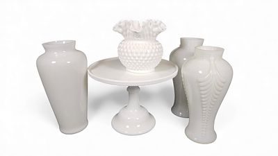 A Collection of Milk Glass, including Fenton Hobnail Examples. A collection of opaque white milk 