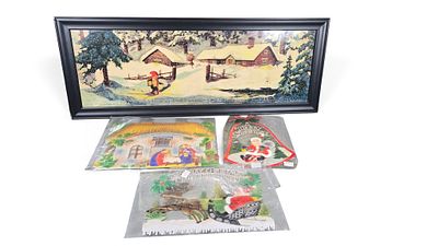 A Framed Swedish Winter Landscape Print and Three Vintage Die-Cut Christmas Decorations. A large 