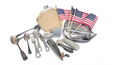 A Collection of U.S. Military Mess Kit, Canteen, Utensils, and Assorted Civilian Items. A 