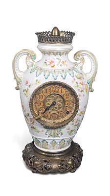 F. Kroeber China No. 32 Mantel Clock, Urn-Form with Floral Decoration. An F. Kroeber China No. 