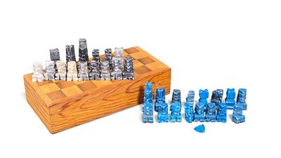 Mexican Aztec Style Hand-Carved Marble, Onyx, and Turquoise Stone Chess Set. A Mexican Aztec 