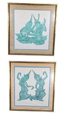 A Pair of Vintage Cambodian 1960s Angkor Wat Temple Rubbings on Rice Paper. A pair of vintage 