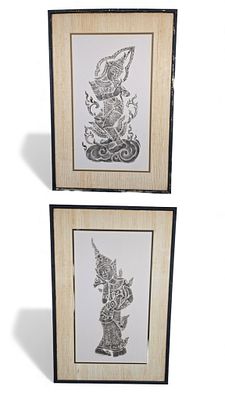 A Pair of Framed Thai Temple Charcoal Rubbings. This lot comprises a pair of framed Thai Temple 