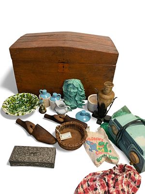 An Antique Dome Top Wood Chest and a Collection of Vintage and Antique-Style Items. An antique 