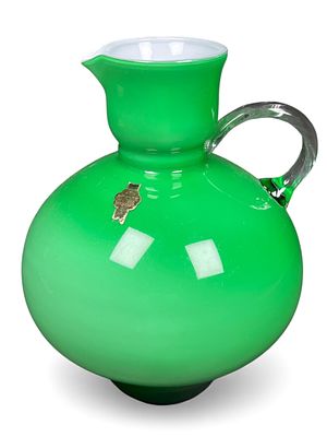 Empoli Italian Art Glass Green Cased Glass Pitcher. An Empoli Italian Art Glass green cased 