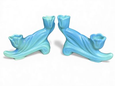 A Pair of Van Briggle 'Double Tulip' Blue Glazed Ceramic Candle Holders, dated 1972. A pair of 