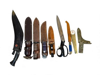 A Gurkha Kukri, a USN Mark I Style Knife, and a Collection of Edged Tools and Accessories. A 