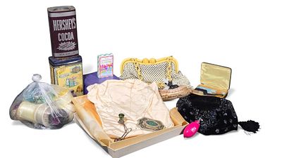 A Collection of Vintage & Novelty Items, including Bally Bag, Buzart Blouse, and Advertising Tins. 