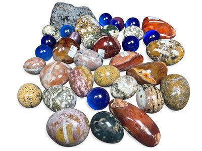A Collection of Ocean Jasper Tumbled Stones, Agates, Snowflake Obsidian, and Marbles. A 