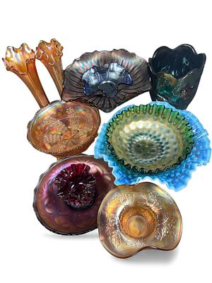 A Collection of Ten Carnival Glass Items, including Imperial 'Scroll' and Fenton Examples. A 