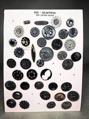 A Collection of Antique Victorian Black Glass Buttons including Silver Luster and Cameo Examples. 