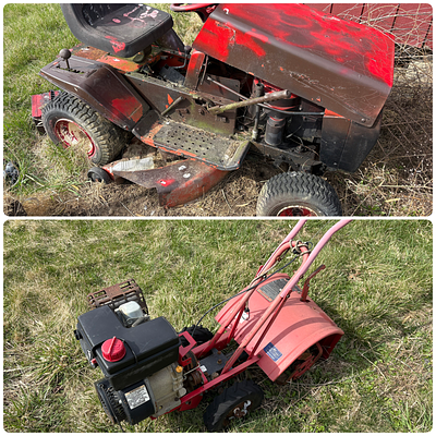 Two Pieces of Outdoor Power Equipment Including a Troy-Bilt Bronco CRT Tiller & riding mower. Thi 
