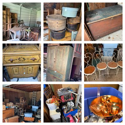 An Assortment of American Primitive Furniture, Antique Tools, and Household Collectibles. Garage 