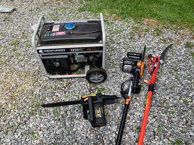 A Collection of Outdoor Power Equipment including a Centurion by Generac Portable Generator. This 