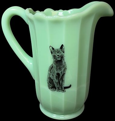 Jadeite Panel Glass Pitcher with Cat Transfer Decoration, Attributed to Mosser. This jadeite 