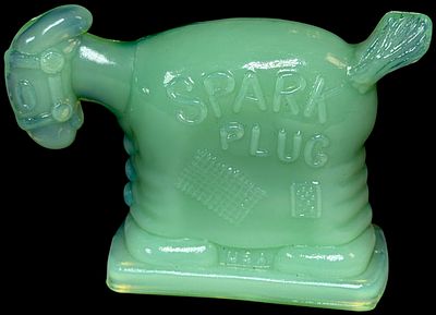 Heisey Jadeite Opalescent Glass Spark Plug Barney Google Horse Figurine. This vintage pressed 
