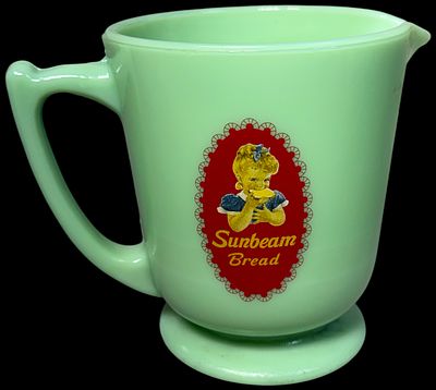 Jadeite Glass 1 Quart Measuring Cup with Sunbeam Bread Little Miss Sunbeam Decal. This item is a 