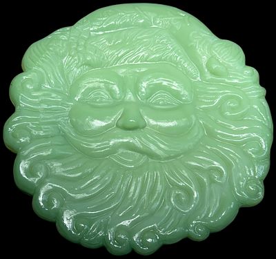 Cracker Barrel Jadeite Style Glass Santa Claus Relief Charger. This opaque green glass charger 