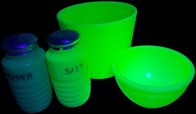 A Set of Uranium Jadeite Style Beehive Kitchen Glassware. Attributed to the Jeannette Glass 