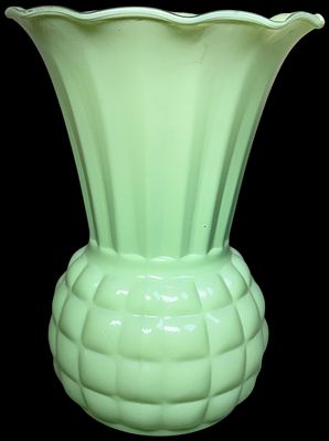 Vintage Jadeite Green Glass Vase with Quilted Pattern Base and Fluted Ruffled Rim. This vintage 