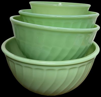 A Set of Six Fire-King Jadeite Swirl Pattern Nesting Mixing Bowls. This set of six graduated 