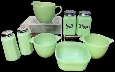 A Collection of Fire-King Jadeite Tableware and Assorted Green Glass Shakers. This group 