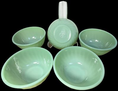 A Set of Fire-King Jadeite Swirl Pattern Glass Bowls. This set of vintage glassware is 