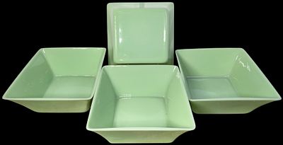 Set of Four Jadeite Green Glass Square Flared Bowls. A set of four square serving bowls crafted 