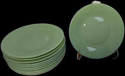 Jadeite Glass Salad Plates. opaque glass plates in a pale green color known as Jadeite. The 